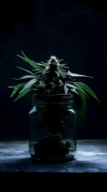 Jar-lit cannabis plant glowing against deep night backdrop.