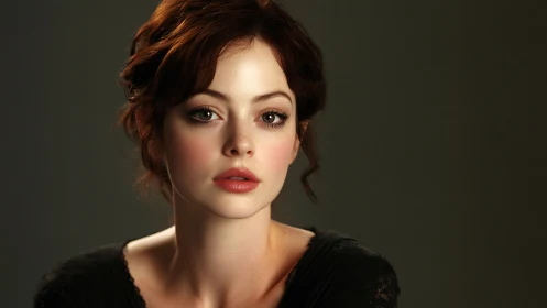 Soft-lit portrait captures serene red-haired young woman.