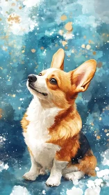 Corgi portrait amid abstract teal splashes and light specks.