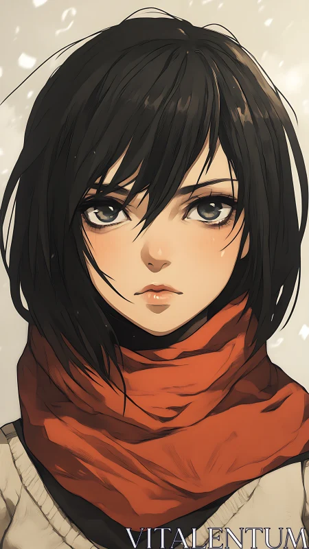 Anime portrait of black haired girl in red winter scarf.