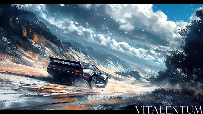 Sports car drifts on wet mountain road under dense storm clouds