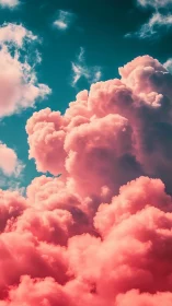 Pink cumulus clouds rise against teal blue daytime sky