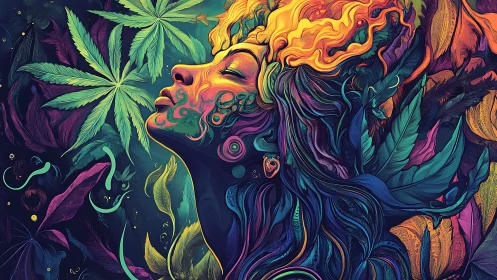 Dreamy woman in neon jungle of swirling leaves and light.