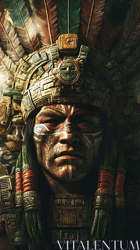 Warrior in stone-like armor and feathered headdress faces viewer