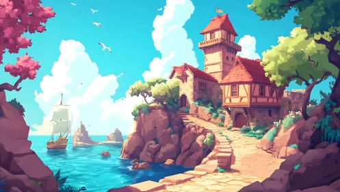 Medieval Coastal Settlement with Tower Structure