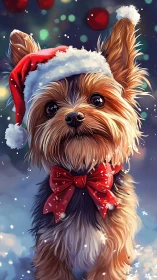 Festive Yorkie pup in a Santa hat spreading cozy cheer.