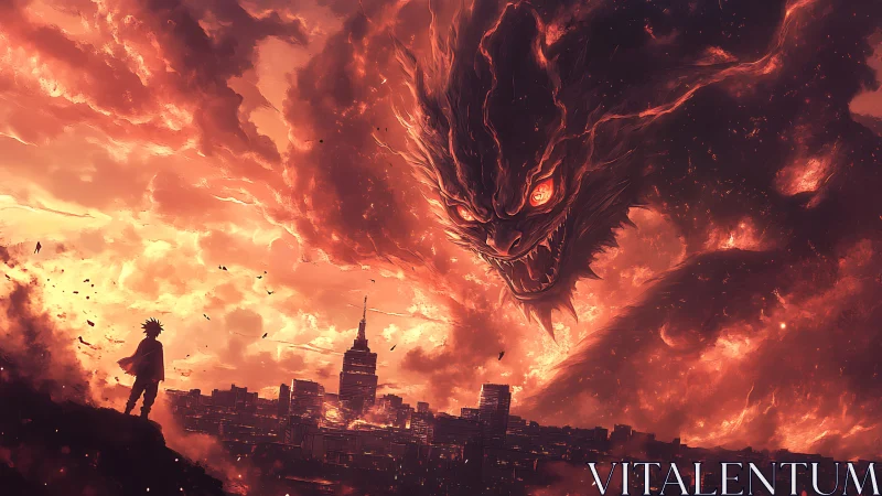 Lone anime warrior confronts colossal fire demon above city.