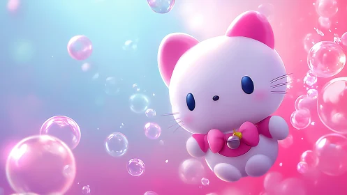 Bubble-suspended chibi cat figurine in luminous gradient field.