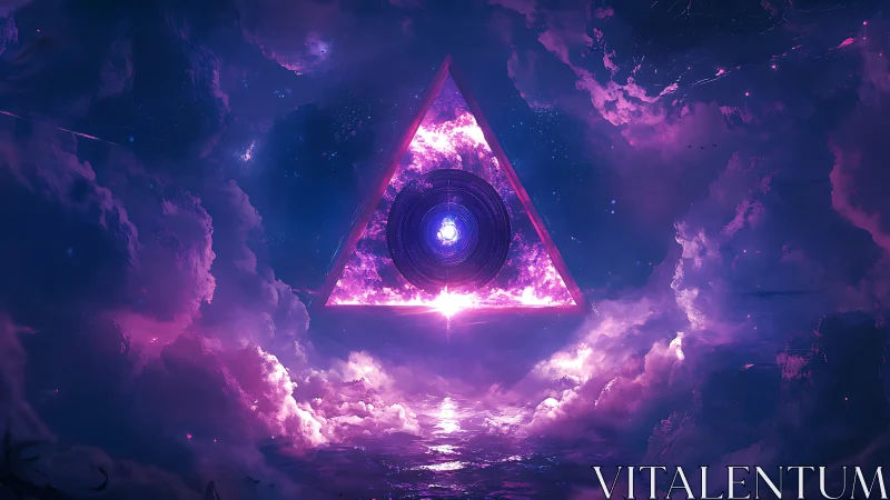 Cosmic neon triangle portal over luminous cloud sea.