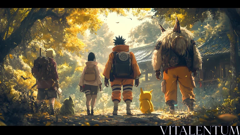 Anime adventurers and creatures walking forest path.