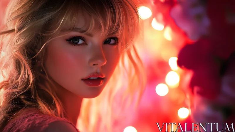 Blonde woman portrait in soft pink and orange bokeh light.