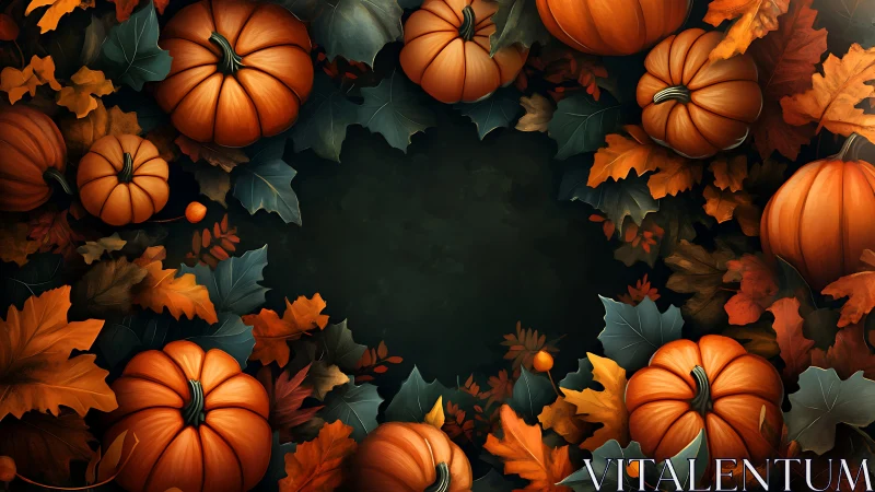 Pumpkin wreath frames deep green autumn background space.