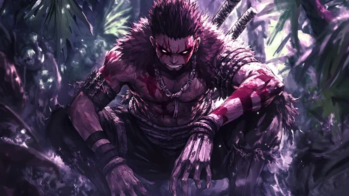 Fierce jungle warrior resting in a storm of quiet fury.