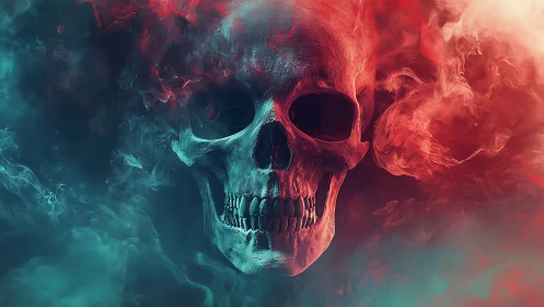 Bicolor vaporous skull rendered in cinematic neon smoke field.