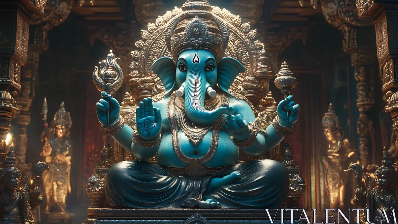 Serene blue Ganesha statue in a softly glowing golden shrine.