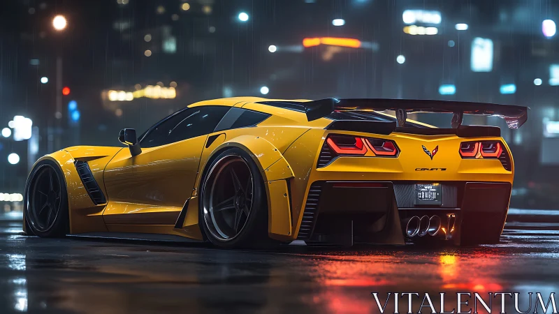 Widebody yellow Corvette sports coupe in wet neon city street