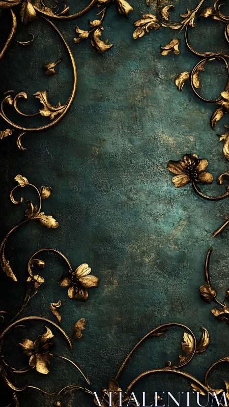 Ornate gilded floral scrollwork frames textured teal surface