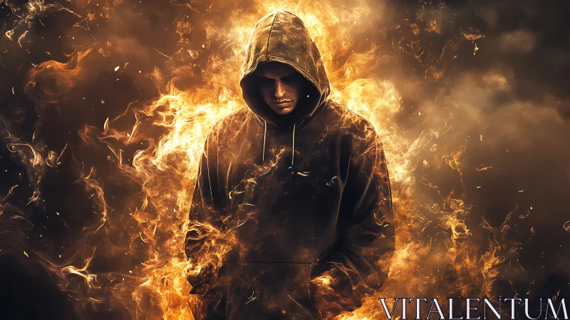 Hooded firewalker broods within a storm of rising embers.