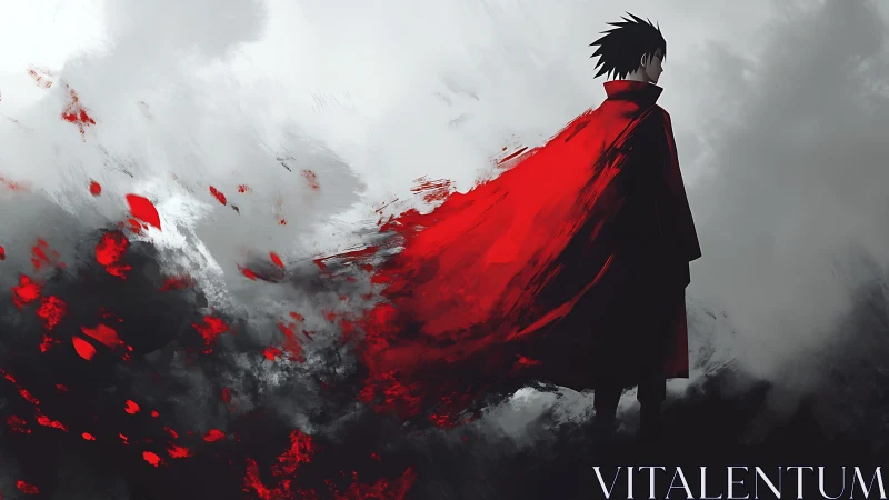 Lone warrior in crimson cloak stands amid swirling gloom.