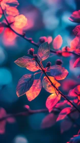 Chromatic bokeh foliage under neon-tinted shallow focus exposure.