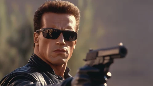 Photorealistic cyborg with handgun in black leather jacket.