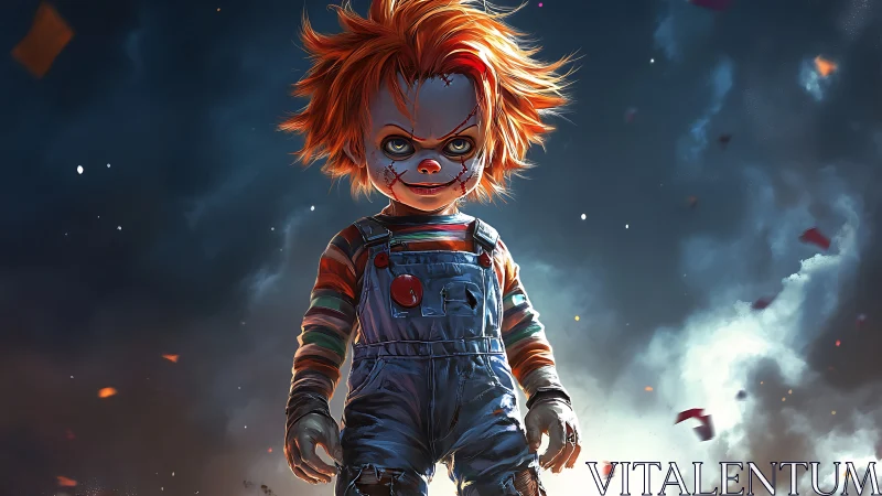 Sinister toy doll stalks forward through stormy twilight