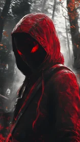 Hooded red figure with obscured face in misty forest setting.
