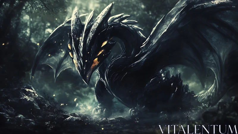 Dark scaled dragon resting in misty forest clearing scene.