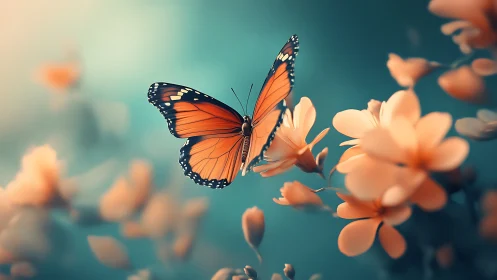Monarch drifts through teal dusk, kissing peachy blossoms