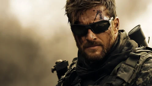 Photorealistic tactical portrait of battle-worn special operative.