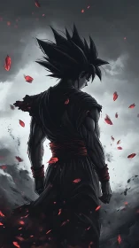 Stormlit warrior of ash skies and crimson embers stands alone.