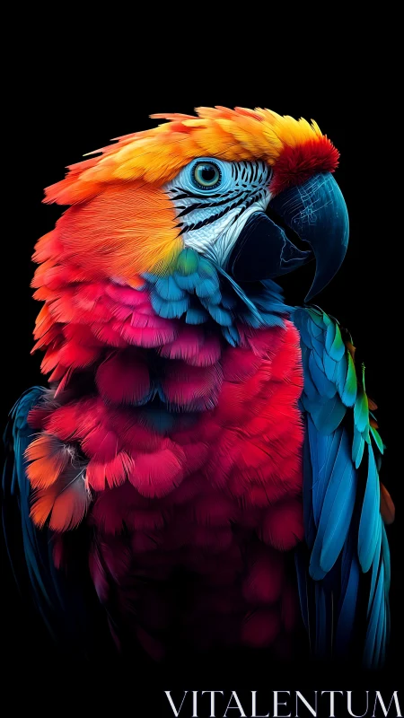 High-saturation macaw portrait with hyper-detailed feather rendering