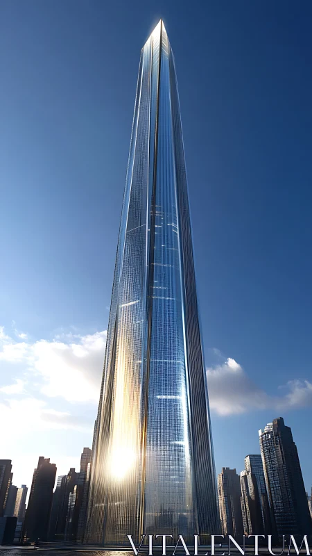 Soaring Elegance: A Gleaming Tower Pierces the Bright Blue Sky