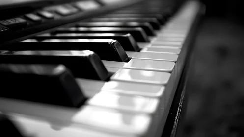 Close-up monochrome view of piano keyboard keys in focus.
