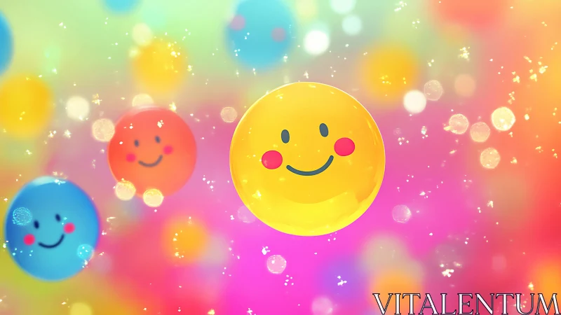 Smiling colorful bubbles on bright pastel bokeh background.