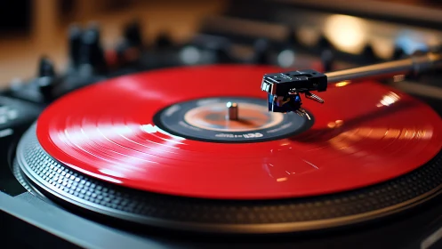 Vibrant red vinyl record spins on a sleek turntable deck