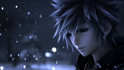 Brooding anime boy in quiet snowy night portrait.