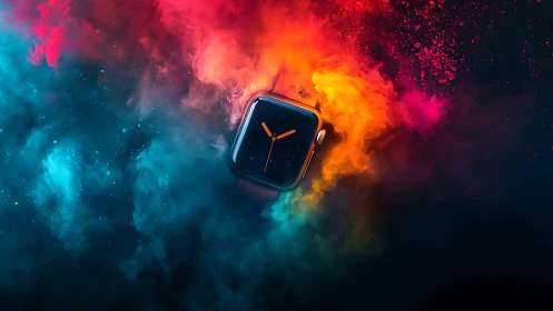 Smartwatch floats through neon smoke in vivid contrast.