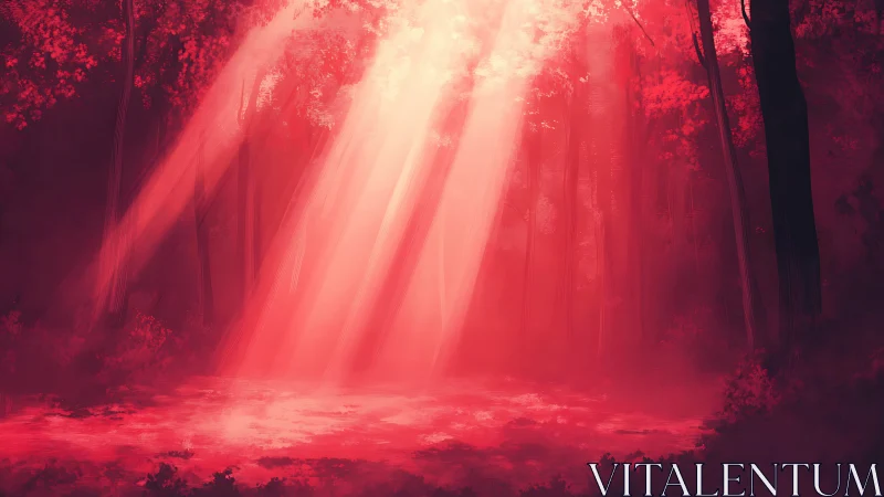 Crimson forest sanctuary bathed in ethereal sunrise rays.