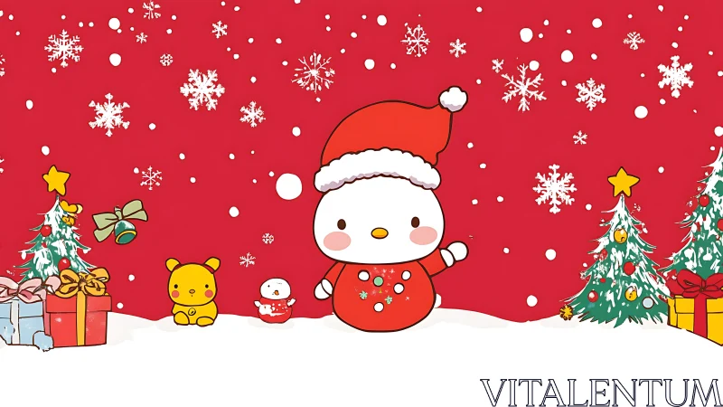 Kawaii winter mascot in saturated red festive vector field.