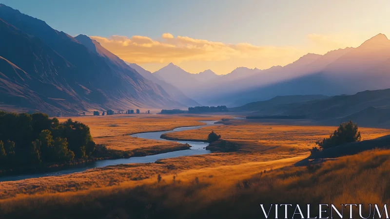 Sunlit river valley winds beneath towering mountain silhouettes.