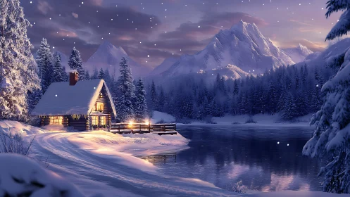 Winter twilight curls gently around a lakeside cabin glow