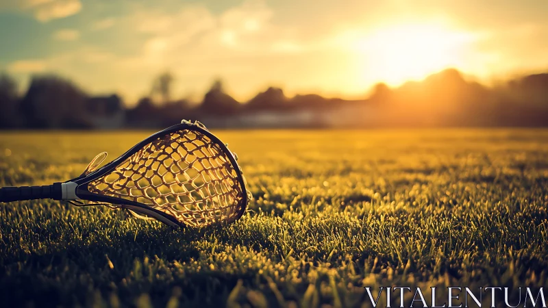Lacrosse stick rests on sunlit field at golden sunset.