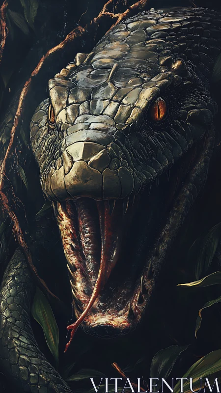 Ferocious jungle serpent roaring from the shadowy leaves.