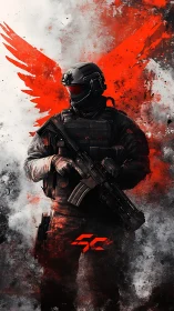 Tactical soldier silhouette with red winged spray aura.