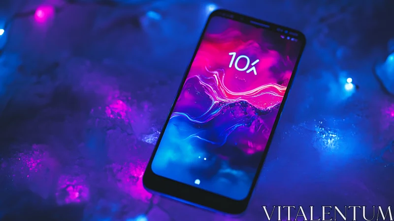 Smartphone glows amid neon ice with abstract waves display.