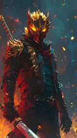 Armored fire warrior with molten helm and embers in dynamic stance
