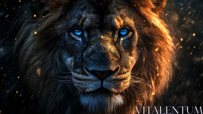Majestic blue eyed lion emerges from glowing embers at night