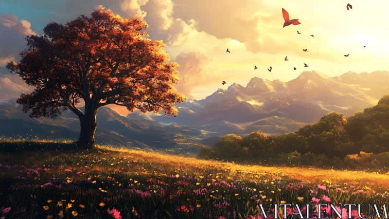 Solitary tree in sunset meadow with distant mountain range.