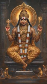 Hindu deity seated on ornate pedestal with temple backdrop.